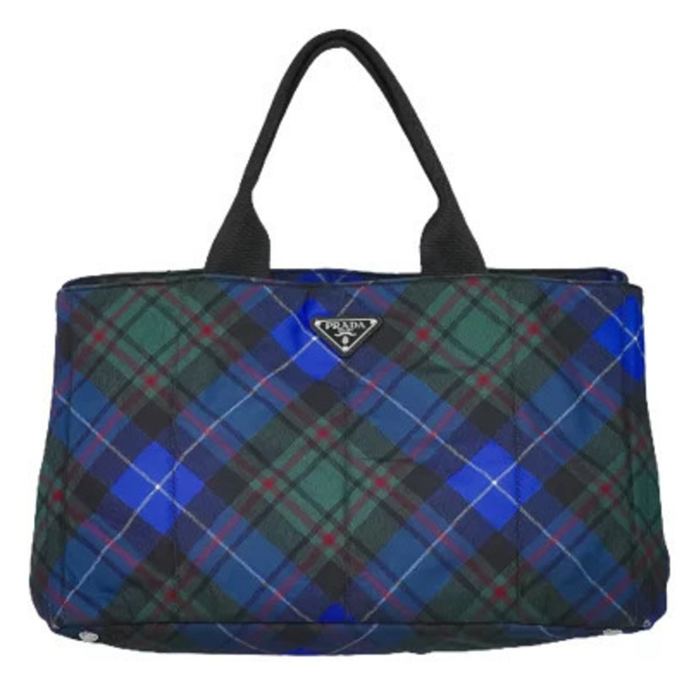 Prada Canapa Tessuto Check Tote Bag Green Blue